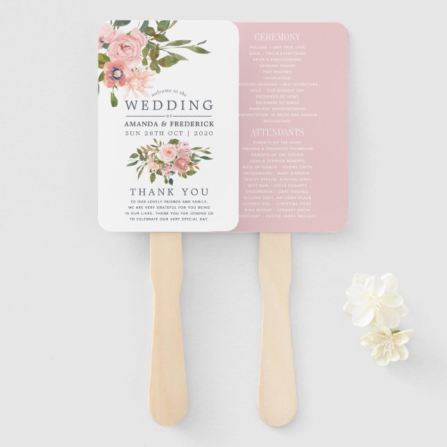 Éventail Programme de mariage rose floral et or rose (Devant et derrière)