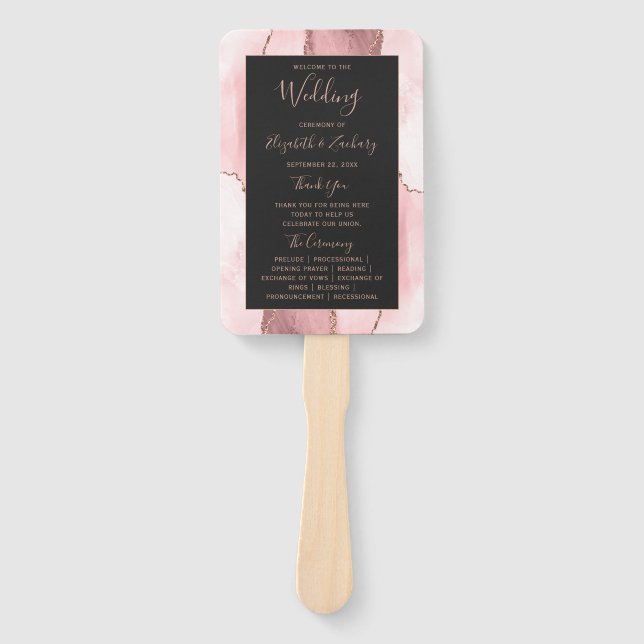 Éventail Programme de mariage rose gold et agate rose pâle  (Devant)