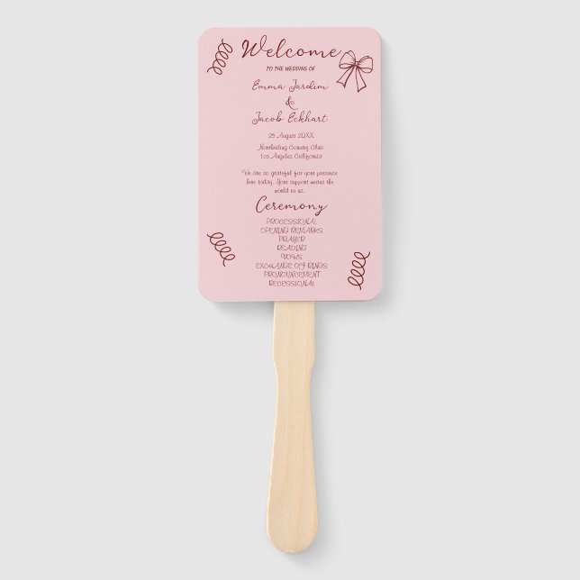 Éventail Programme de Mariage Rose Gribouillis Fantaisistes (Devant)