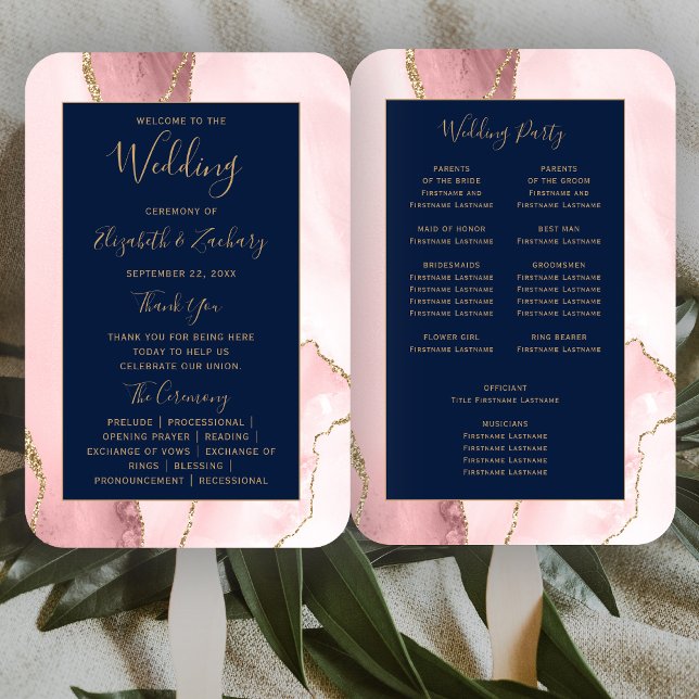 Éventail Programme de mariage Rose Pâle Or Agate Bleu Marin (Créateur téléchargé)