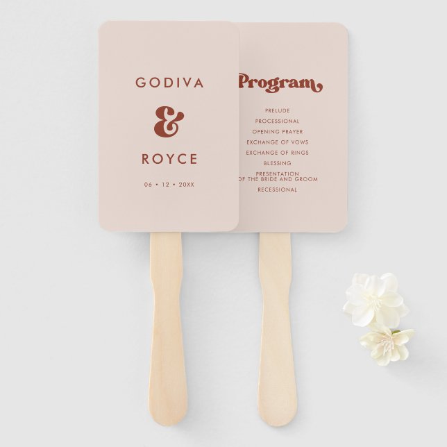 Éventail Programme de mariage rose pêche rétro élégant (Devant et derrière)