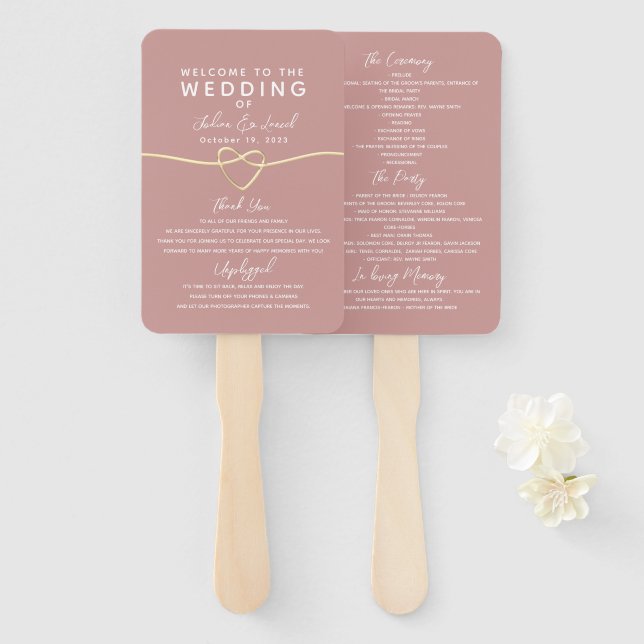 Éventail Programme de mariage rose poudré poussiéreux (Devant et derrière)