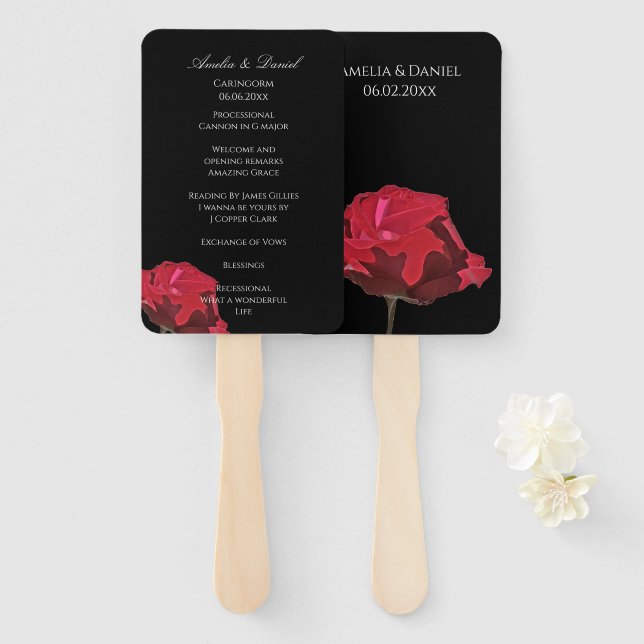 Éventail Programme de mariage Rose Rouge Gothique sur Fond  (Devant et derrière)