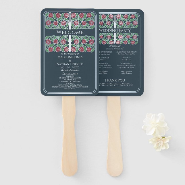 Éventail Programme de mariage royal avec épée florale grise (Devant et derrière)