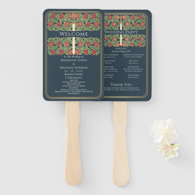 Éventail Programme de mariage royal avec épée florale grise (Devant et derrière)