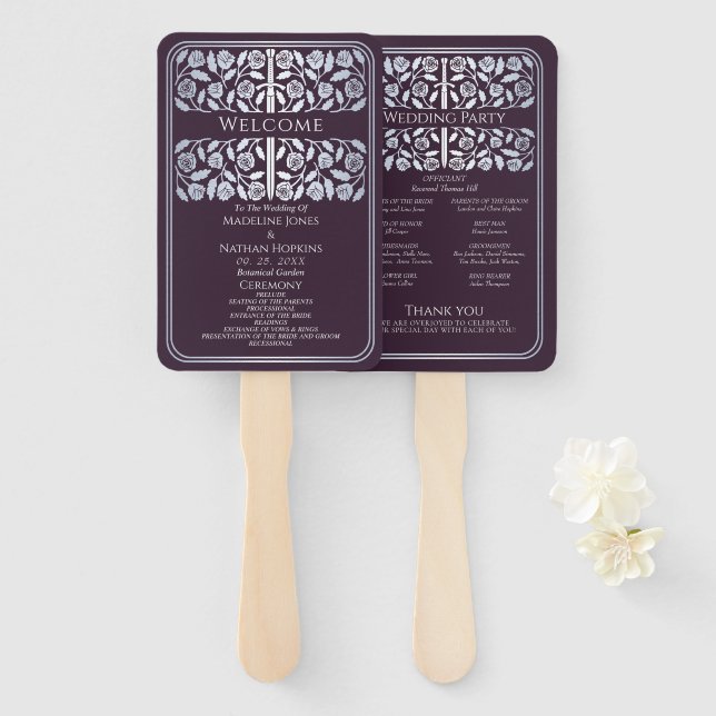 Éventail Programme de mariage royal Épée d'argent Aubergine (Devant et derrière)