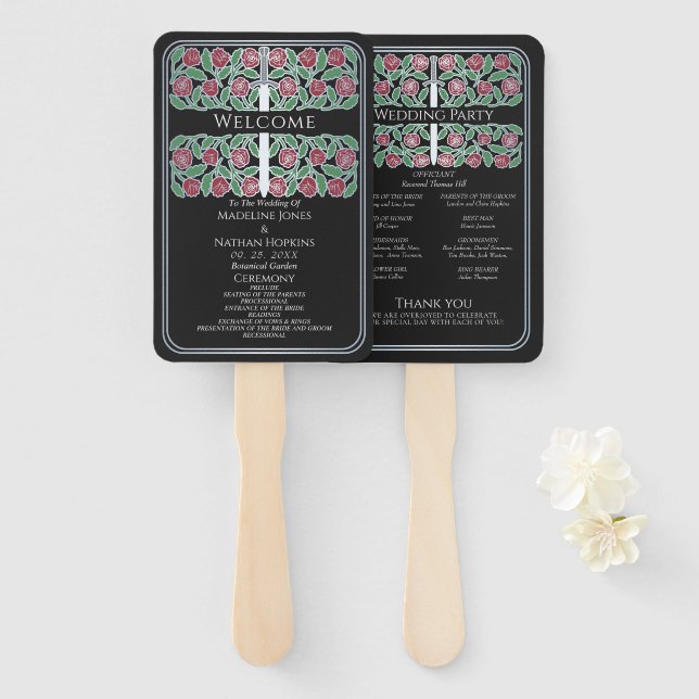 Éventail Programme de mariage royal épée florale argent noi (Devant et derrière)