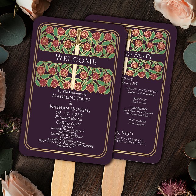 Éventail Programme de mariage royal Epée florale Or Aubergi (Créateur téléchargé)