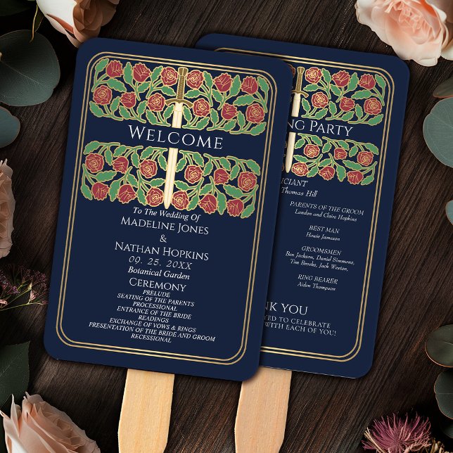 Éventail Programme de mariage royal Épée florale Or Bleu (Créateur téléchargé)