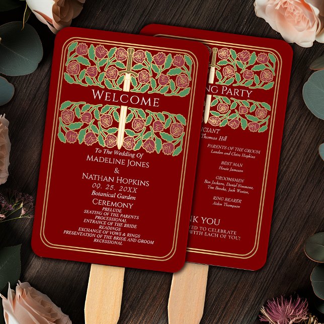 Éventail Programme de mariage royal épée florale or écarlat (Créateur téléchargé)