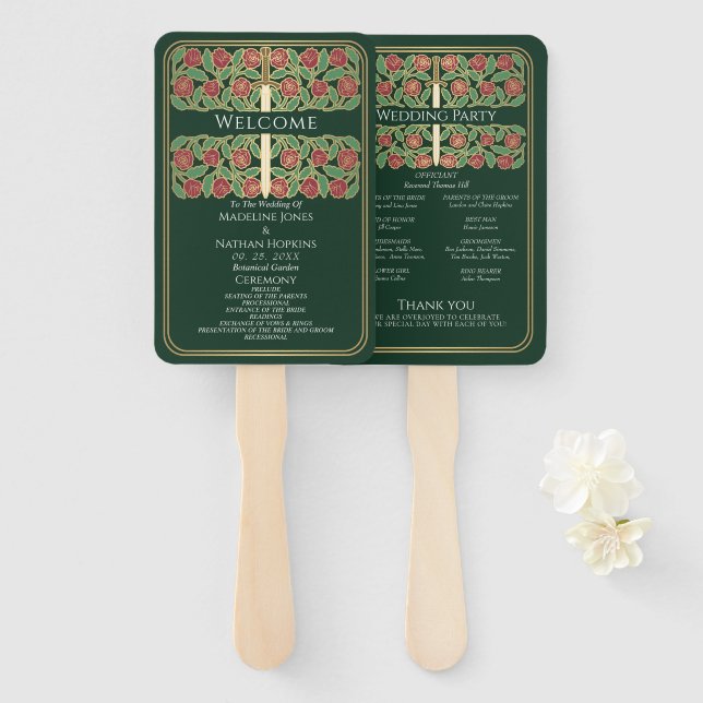 Éventail Programme de mariage royal Épée florale Or Vert (Devant et derrière)