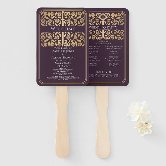Éventail Programme de mariage royal Épée Médiévale Or doré  (Devant et derrière)