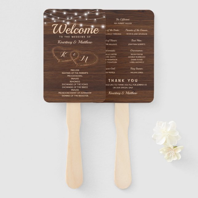 Éventail Programme de mariage rustique au coeur du bois scu (Devant et derrière)