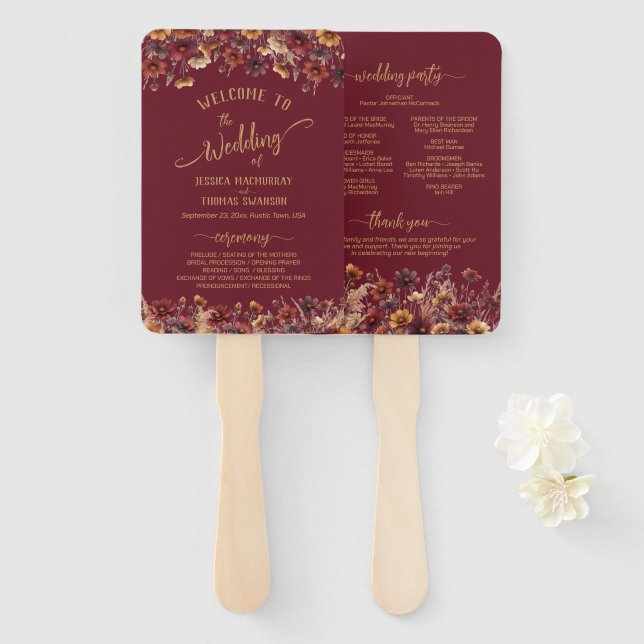 Éventail Programme de mariage rustique burgundy boho fleurs (Devant et derrière)