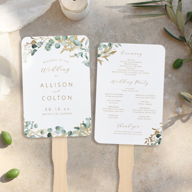Éventail Programme de mariage rustique d'eucalyptus de verd (Rustic eucalyptus greenery boho wedding program hand fan)