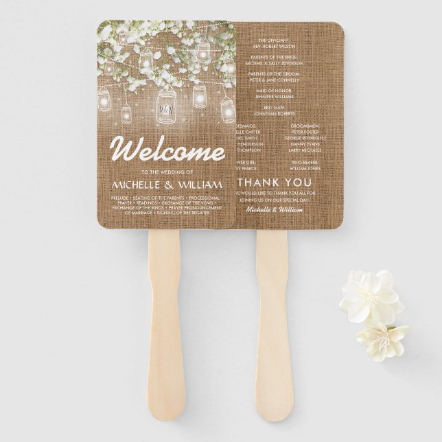 Éventail Programme de mariage rustique en toile de jute Gyp (Devant et derrière)
