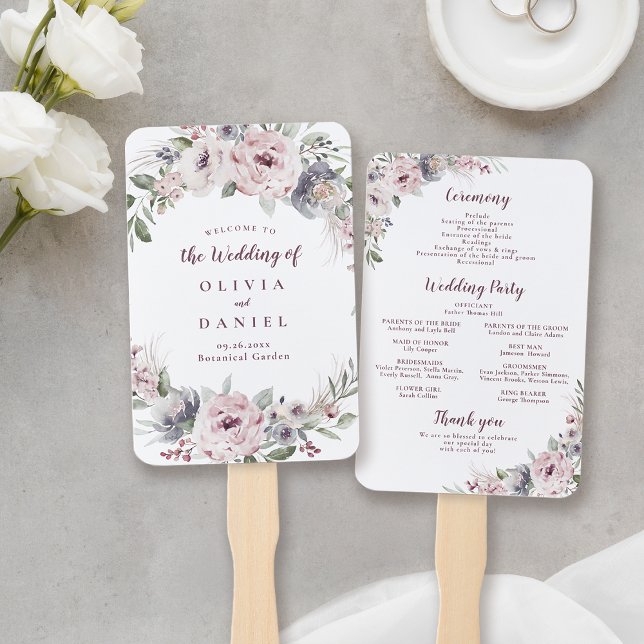 Éventail Programme de mariage rustique floral bohème rose p (Dusty pink boho floral rustic wedding program hand hand fan)