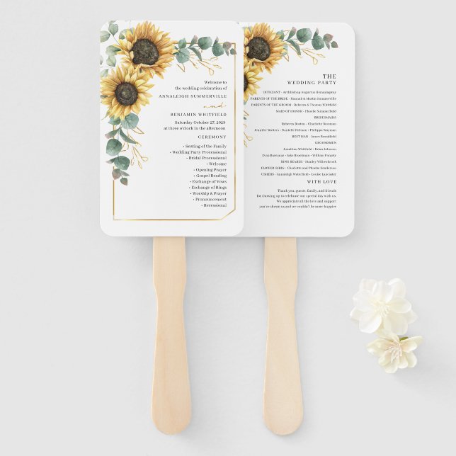 Éventail Programme de mariage rustique tournesol eucalyptus (Devant et derrière)