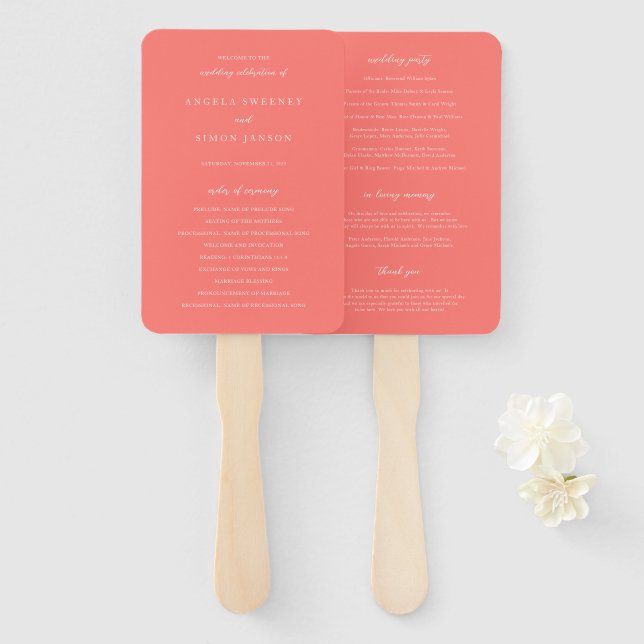 Éventail Programme de mariage simple corail vibrant moderne (Devant et derrière)