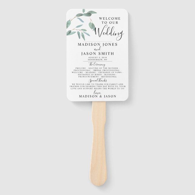 Éventail Programme de mariage simple Eucalyptus (Devant)