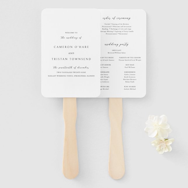 Éventail Programme de mariage simple noir et blanc (Devant et derrière)