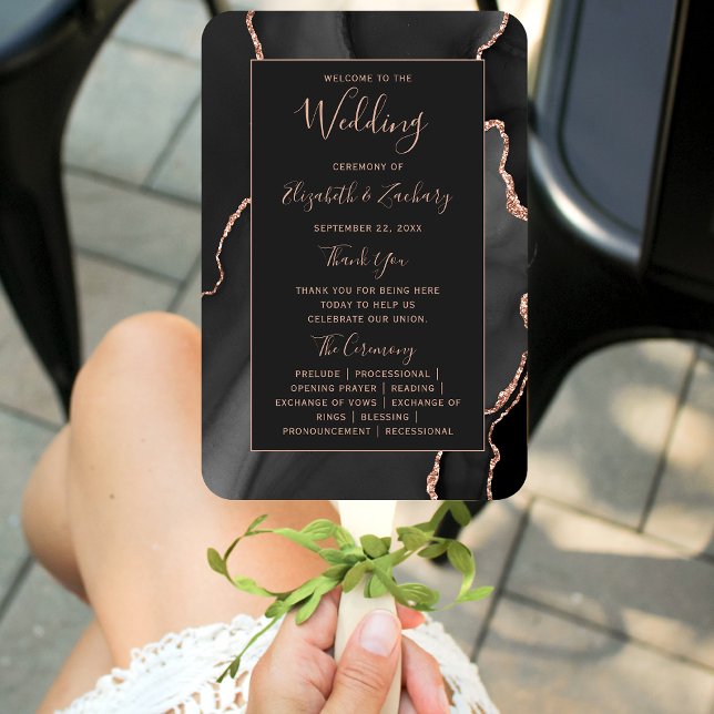 Éventail Programme de mariage sombre Black Rose Gold Agate (Créateur téléchargé)