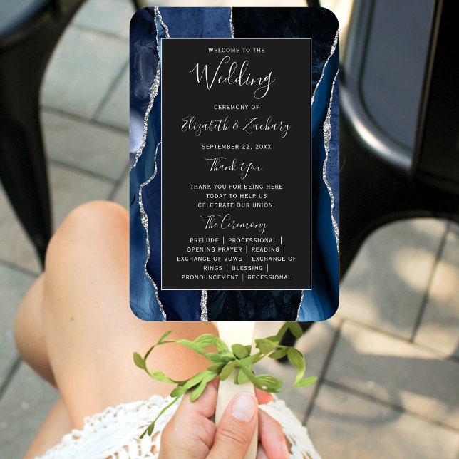 Éventail Programme de mariage sombre bleu marine argent aga (Créateur téléchargé)