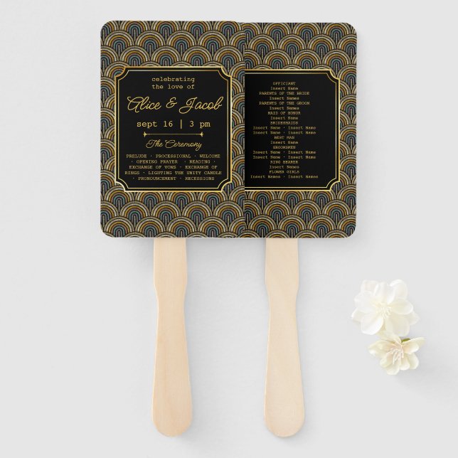 Éventail Programme de mariage style Art Déco brodé à la mai (Devant et derrière)