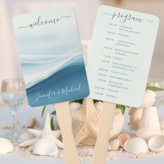Éventail Programme de mariage sur la plage bleu serein (Serene Blue Abstract Wedding Program Hand Fan )