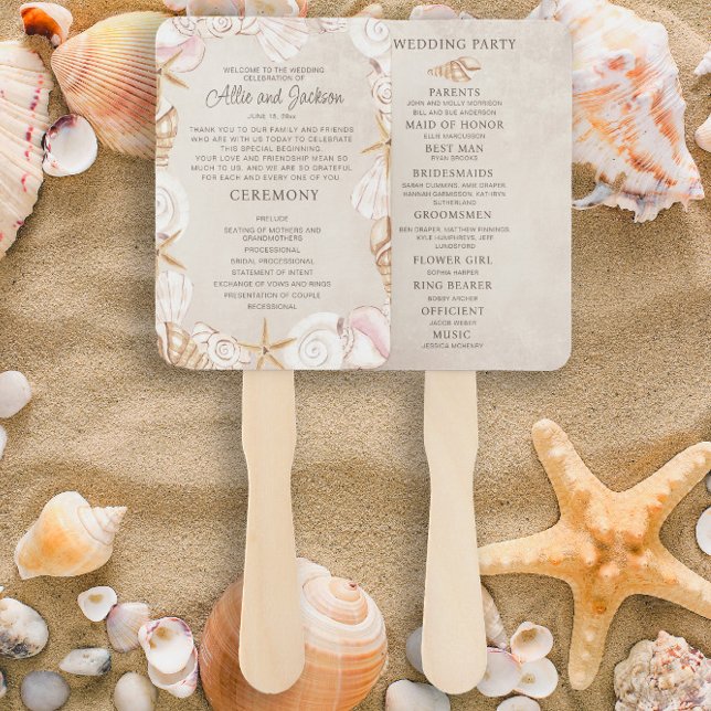 Éventail Programme de mariage sur la plage coquillages sabl (Wedding program/bridal party hand fan)