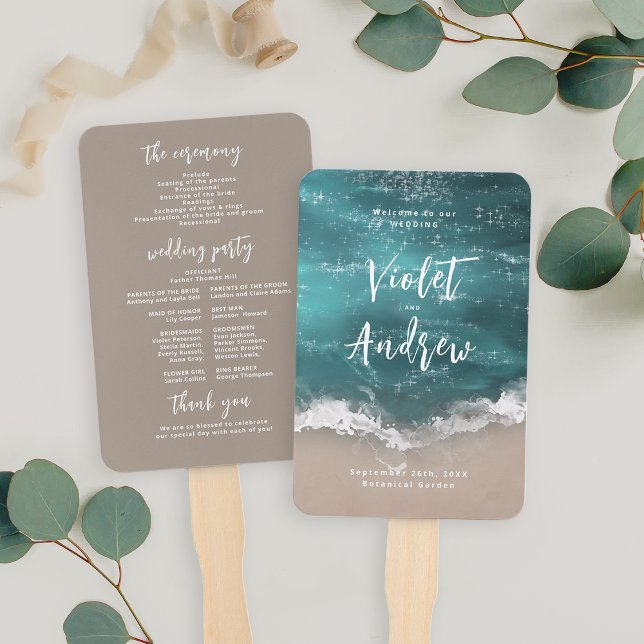 Éventail programme de mariage sur la plage de l'océan d'hum (Abstract moody ocean beach wedding program hand fan)