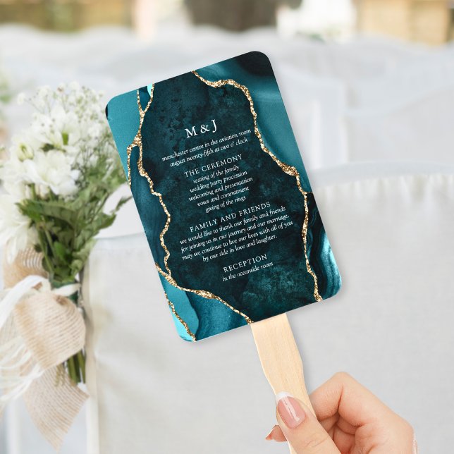 Éventail Programme de mariage Teal, Marble & Agate dorée (Créateur téléchargé)