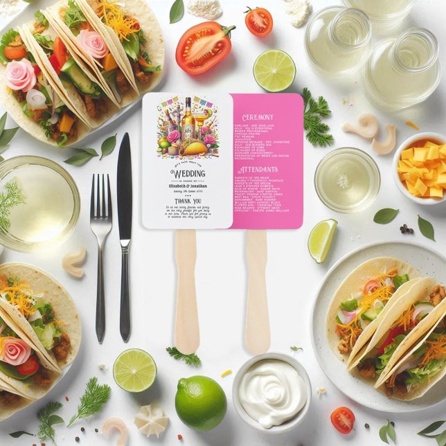 Éventail Programme de mariage Tequila mexicain de la festa  (Hot-Pink Mexican Fiesta Tequila Wedding Program Hand Fan)