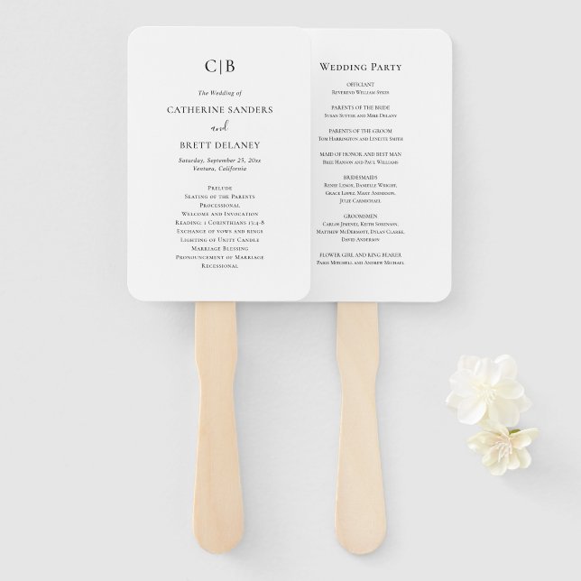Éventail Programme de mariage traditionnel noir et blanc (Devant et derrière)