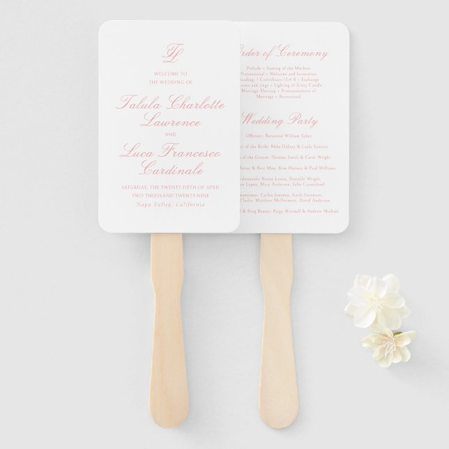 Éventail Programme de mariage traditionnel rose corail élég (Devant et derrière)