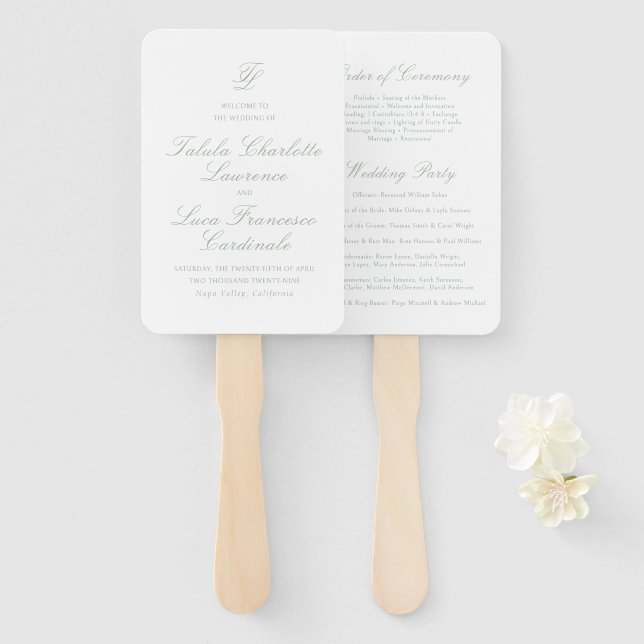 Éventail Programme de mariage traditionnel vert sauge éléga (Devant et derrière)