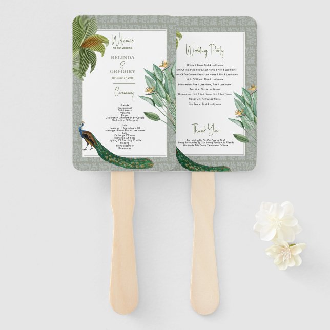 Éventail Programme de mariage tropical à plumes de paon vin (Devant et derrière)