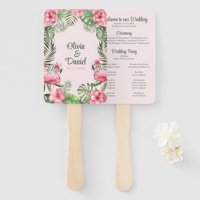 Éventail Programme de mariage tropical flamant rose aquarel (Devant et derrière)