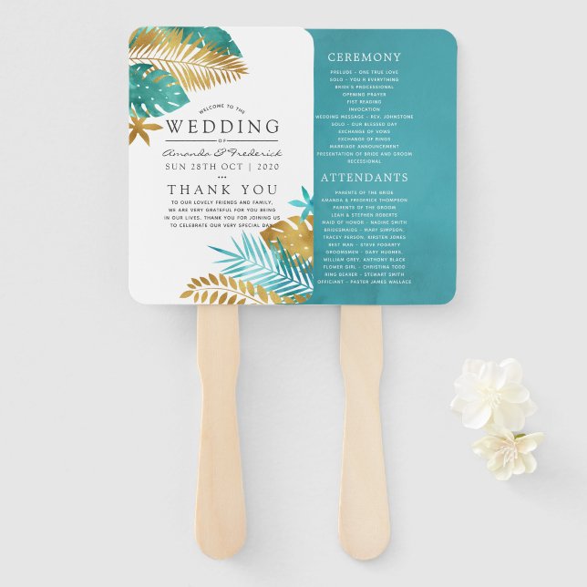 Éventail Programme de mariage tropical sarcelle et or (Devant et derrière)