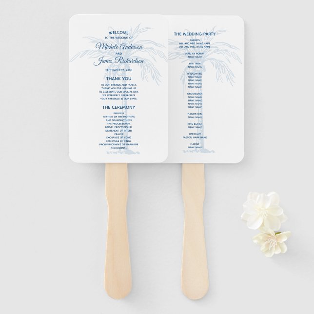 Éventail Programme de mariage tropical sur la plage avec pa (Devant et derrière)