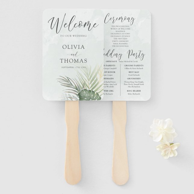 Éventail Programme de mariage tropical vert aux palmiers (Devant et derrière)