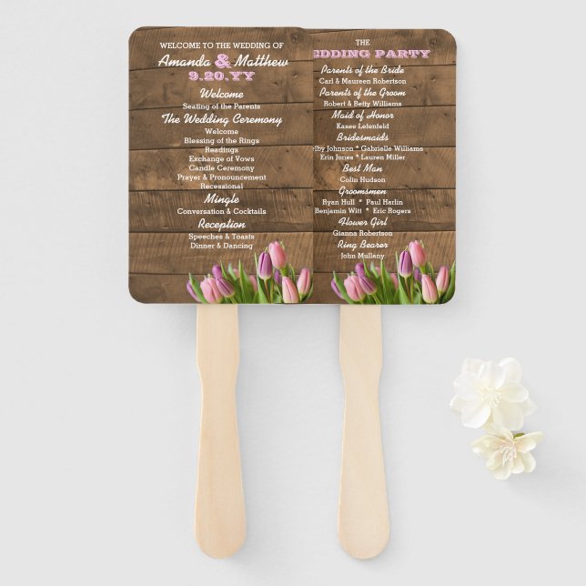 Éventail Programme de mariage Tulipes et Barnwood Ventilate (Devant et derrière)