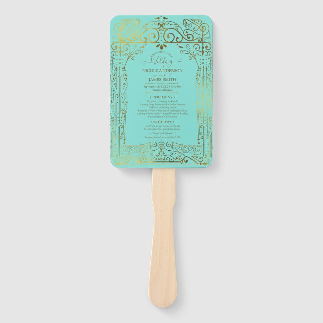 Éventail Programme de mariage Turquoise Gold Deco Chic Glam (Devant)