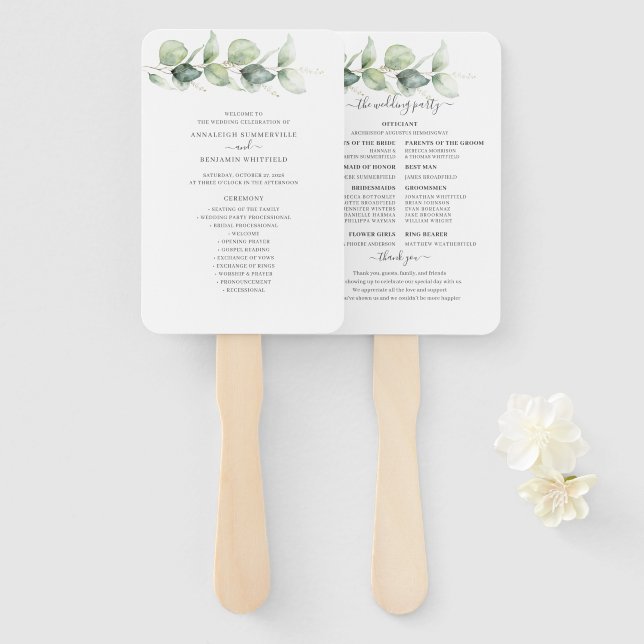 Éventail Programme de mariage végétal Eucalyptus (Devant et derrière)
