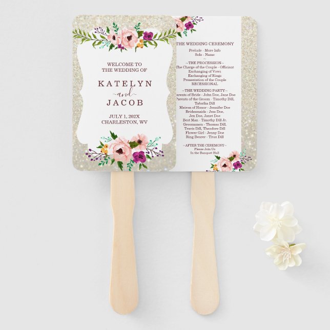 Éventail Programme de mariage Ventilateur Blanc Or Floral P (Devant et derrière)