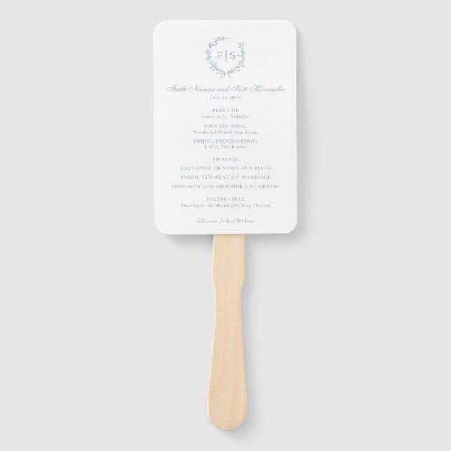 Éventail Programme de mariage Ventilateur Bleu clair Monogr (Devant)