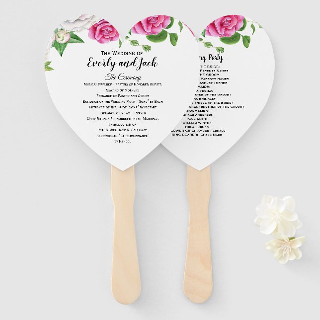 Éventail Programme de mariage Ventilateur Floral Roses Rose (Devant et derrière)