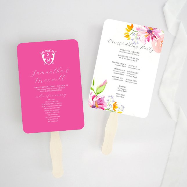 Éventail Programme de mariage Ventilateur Modèles Floral Mo (Wedding program fan watercolor pink floral art and design by Victoria Grigaliunas of Do Tell A Belle)