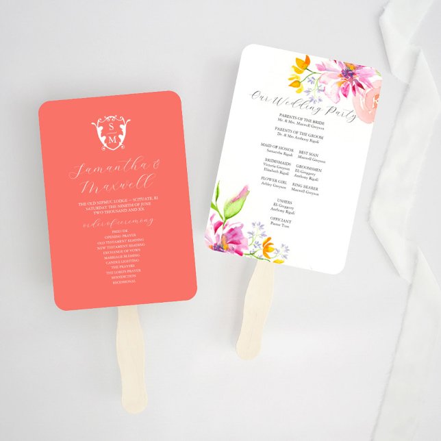 Éventail Programme de mariage Ventilateurs Modèles Bold Flo (wedding program fan templates watercolor pink and orange florals by Victoria Grigaliunas)
