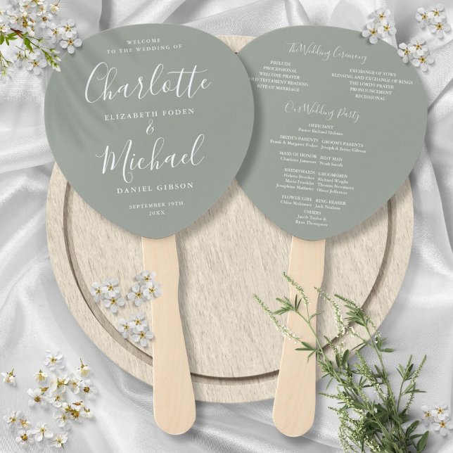Éventail Programme de mariage vert sauge écriture signature (Signature Script Sage Green Wedding Program Hand Fan)
